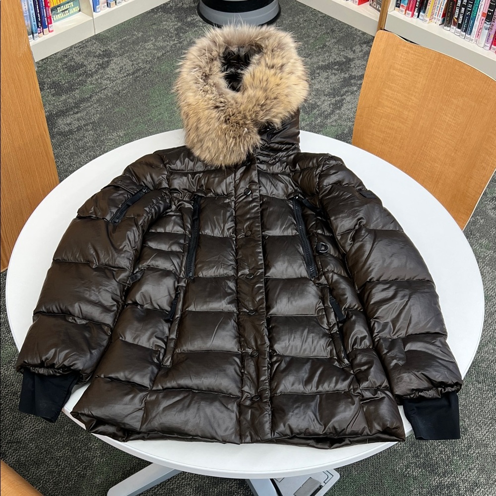 SAM. Women's Dark Brown Puffer Coat with Fur-Trim Hood